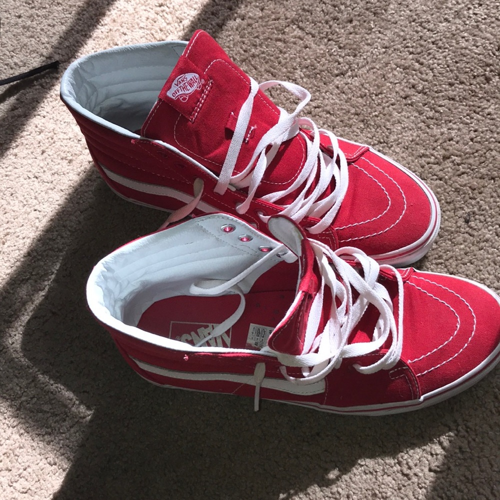 Red and white high top vans